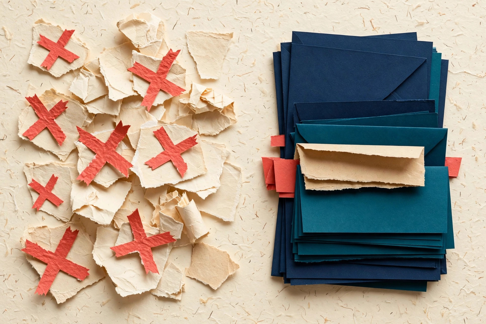 Paper-cut illustration of expired subscription slips with red marks resolving into an organized stack of navy and teal envelopes