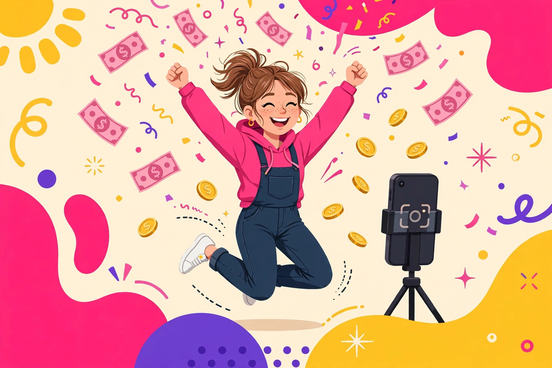 A creator celebrating as dollar bills and coins rain down